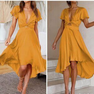 Satin V Neck Ruffle Short Sleeve Midi A-Line Long Dress | Small